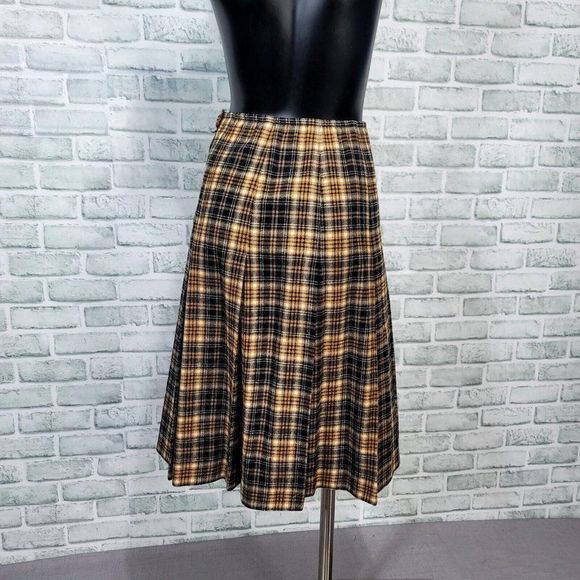 Vintage 70s Pendleton S Yellow Black Plaid Pleated Wool Aline Skirt Hi Waisted‎ - Picture 5 of 7